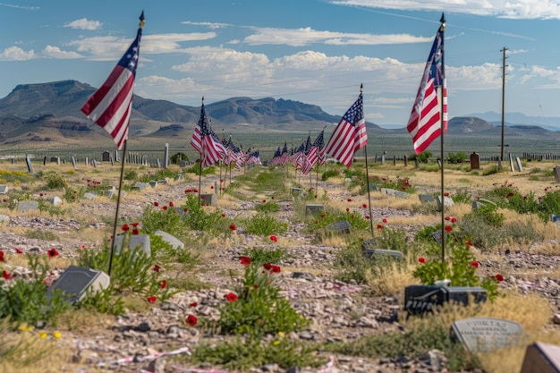 El Paso Texas USA May 28 2023 Memorial Day flags on graves at Fort Bliss National Cemetery