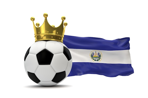 El Salvador flag and soccer ball with gold crown 3D Rendering