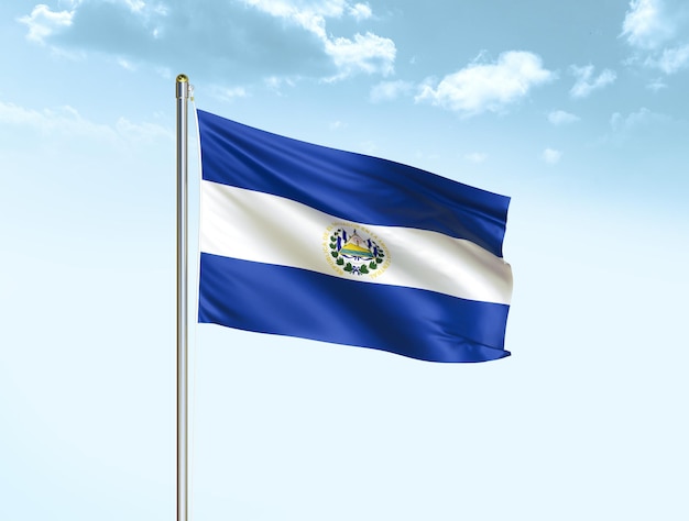 El Salvador national flag waving in blue sky with clouds El Salvador flag 3D illustration