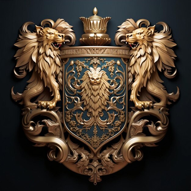 Photo elaborate family crest featuring two majestic lions flanking a shield adorned with intricate floral