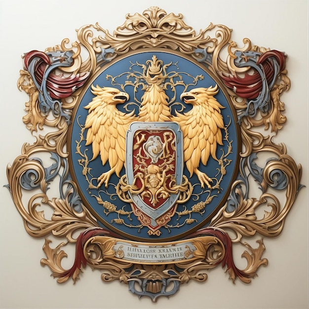 Photo elaborate family crest featuring two majestic lions flanking a shield adorned with intricate floral