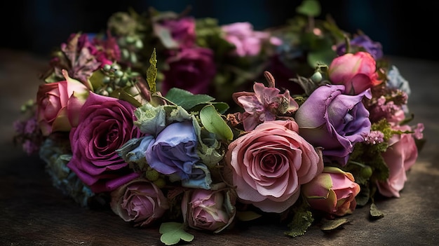 An elaborate floral crown made of pink and purple roses and green ivy AI generated