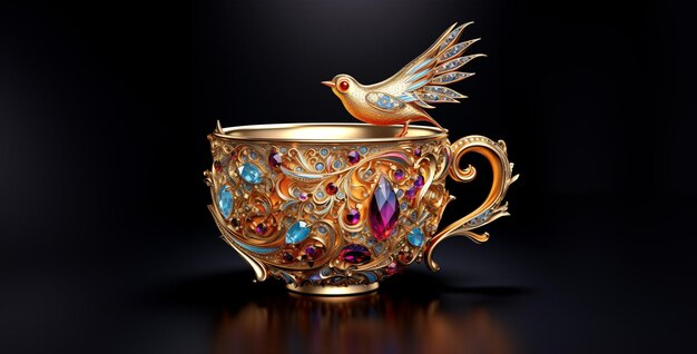 Elaborate Gold cup of coffee Colorful bird encrusted