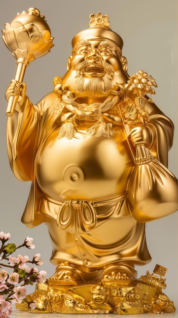 Elaborate golden deity statue with peach blossoms This elaborate golden deity statue is surrounded by peach blossoms symbolizing prosperity and good fortune