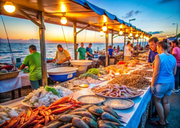 Elaborate Seafood Markets Bustling Oceanfront Stalls with Fresh Delicacies