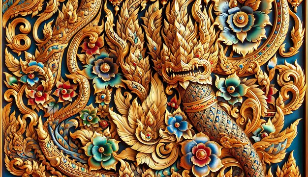 Photo elaborate thai wood carving features a mythical creature amidst vibrant floral and foliate motifs