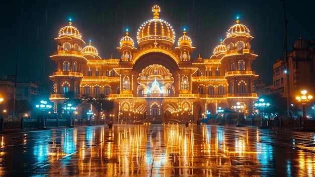 elaborately decorated Navratri pandal at night