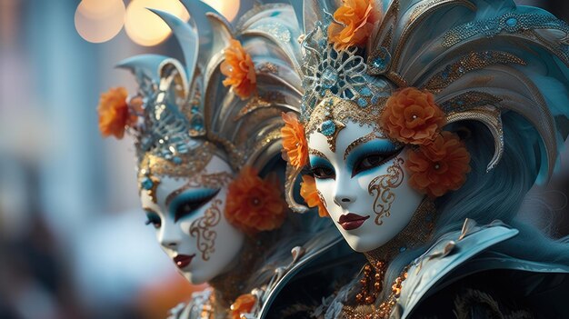 Elaborately masked participants at the venetian carnival in venice during evening festivities