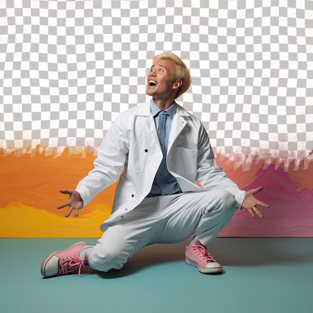 A Elated Adult Man with Blonde Hair from the Asian ethnicity dressed in Climatologist attire poses in a Sitting Cross Legged on the Floor style against a Pastel Periwinkle background