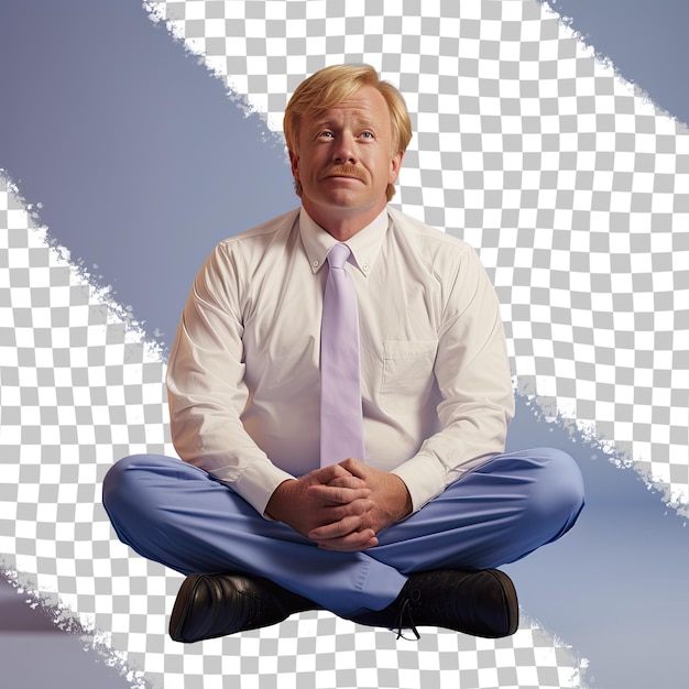 A Elated Adult Man with Blonde Hair from the Asian ethnicity dressed in Climatologist attire poses in a Sitting Cross Legged on the Floor style against a Pastel Periwinkle background