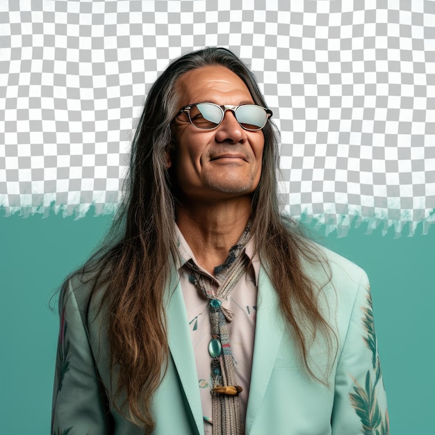 A Elated Adult Man with Long Hair from the Native American ethnicity dressed in Meditating for relaxation attire poses in a Eyes Looking Over Glasses style against a Pastel Mint background