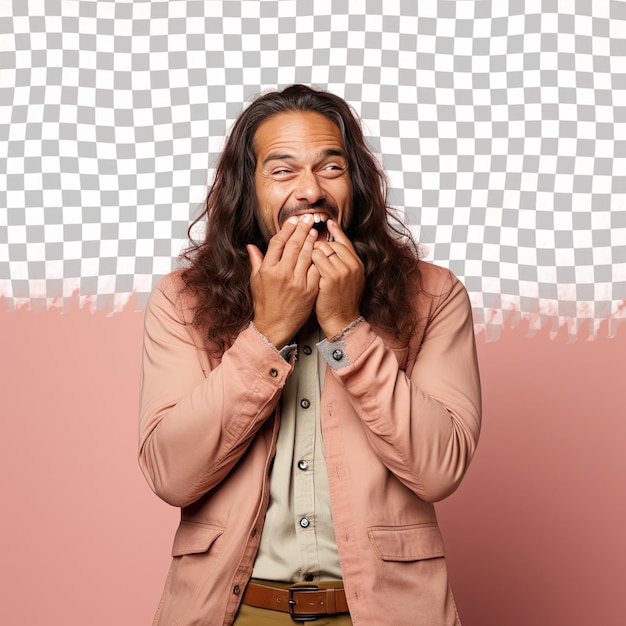 A Elated Adult Man with Long Hair from the West Asian ethnicity dressed in Locksmith attire poses in a Laughing with Hand Covering Mouth style against a Pastel Salmon background