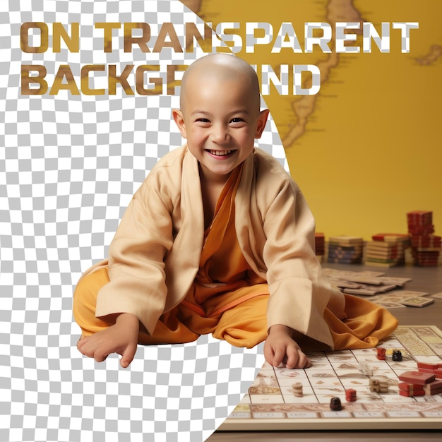 A Elated Child boy with Bald Hair from the Mongolic ethnicity dressed in Playing board games attire poses in a Sideways Glance style against a Pastel Yellow background