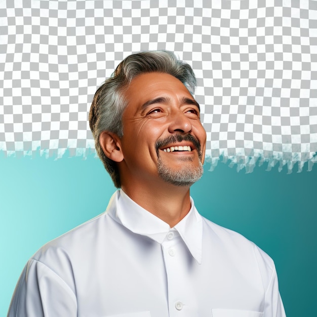 A Elated Middle aged Man with Short Hair from the Hispanic ethnicity dressed in Nutritionist attire poses in a Dramatic Look Upwards style against a Pastel Turquoise background