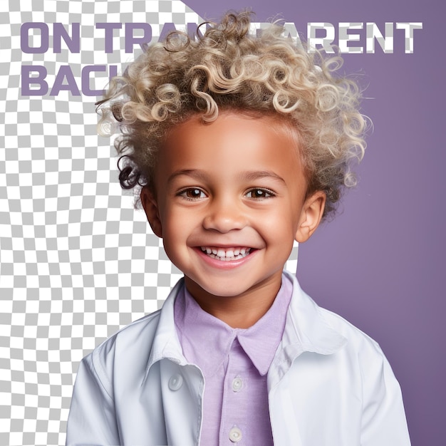 A Elated Preschooler boy with Blonde Hair from the African ethnicity dressed in Chemist attire poses in a Casual Hair Tug style against a Pastel Lilac background