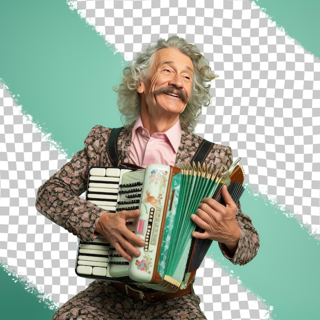 A Elated Senior Man with Wavy Hair from the Slavic ethnicity dressed in Playing musical instruments attire poses in a Looking Over the Shoulder style against a Pastel Mint background