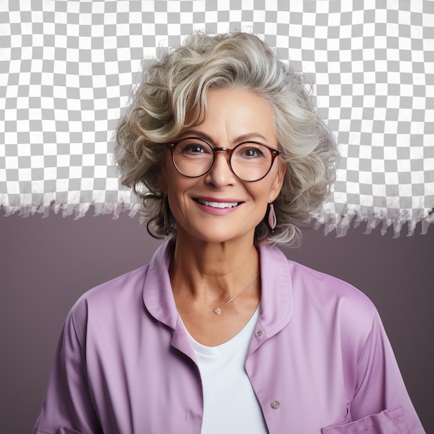 A Elated Senior woman with Wavy Hair from the Slavic ethnicity dressed in Dentist attire poses in a Focused Gaze with Glasses style against a Pastel Mauve background