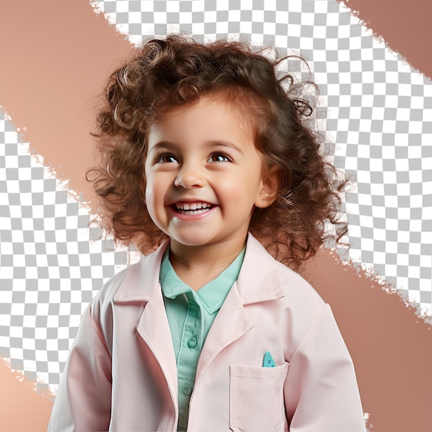 A Elated Toddler woman with Curly Hair from the West Asian ethnicity dressed in Molecular Biologist attire poses in a Eyes Closed with a Smile style against a Pastel Cream background