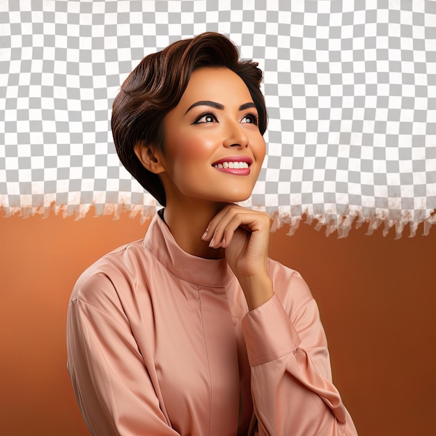 A Elated Toddler woman with Short Hair from the West Asian ethnicity dressed in Medical Scientist attire poses in a Hand on Chin Thoughtful Pose style against a Pastel Salmon background