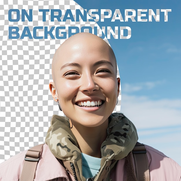 A Elated Young Adult Woman with Bald Hair from the East Asian ethnicity dressed in Photographing wildlife attire poses in a Close Up of Eyes style against a Pastel Sky Blue background