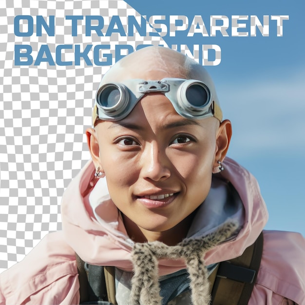 A Elated Young Adult Woman with Bald Hair from the East Asian ethnicity dressed in Photographing wildlife attire poses in a Close Up of Eyes style against a Pastel Sky Blue background