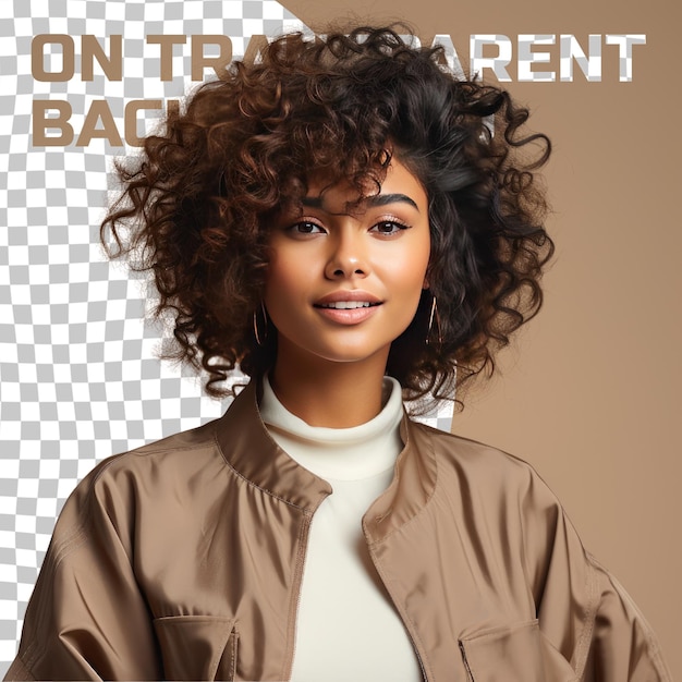 A Elated Young Adult Woman with Kinky Hair from the Scandinavian ethnicity dressed in Choreographer attire poses in a Sideways Glance style against a Pastel Cream background