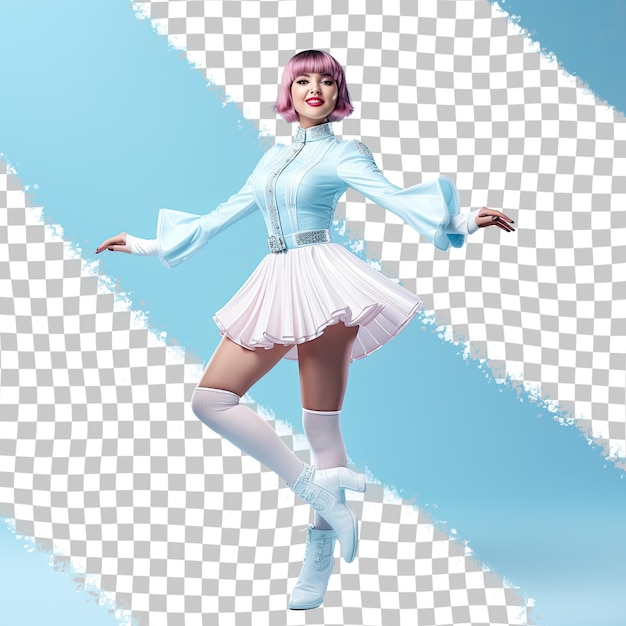 A Elated Young Adult Woman with Short Hair from the Nordic ethnicity dressed in Dancer attire poses in a Standing with One Foot Forward style against a Pastel Blue background