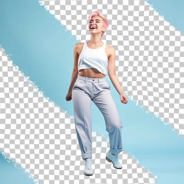 A Elated Young Adult Woman with Short Hair from the Nordic ethnicity dressed in Dancer attire poses in a Standing with One Foot Forward style against a Pastel Blue background