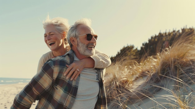 An elder couple enjoys a piggyback ride along a sunlit grassy dune trail by the beach sharing laughter and affection in a picturesque coastal setting