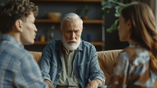 An elder man counseling a young couple trying to mediate a peaceful discussion