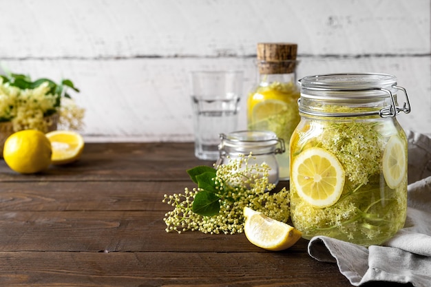 Elderberry infused water or syrup made with fresh flowers and lemons