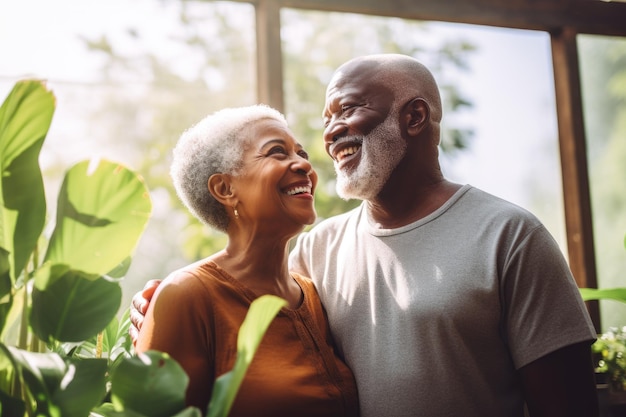 Elderly african american couple hugging each other at home modern minimalistic house background