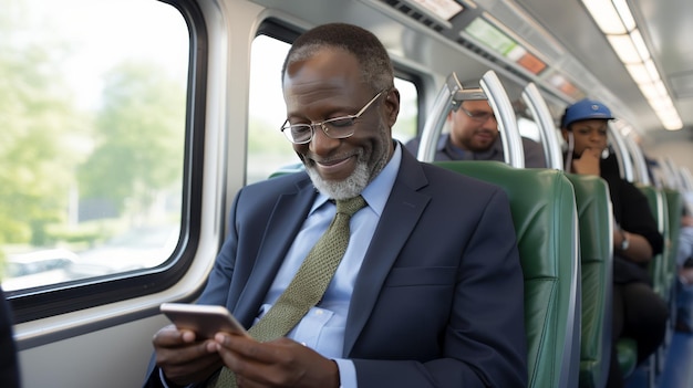 Elderly african american man laughing and texting on nyc subway train using social media