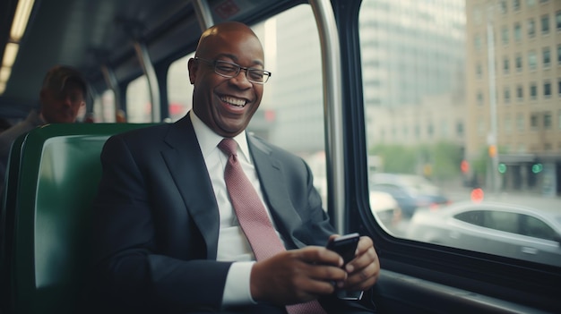 Elderly african american man laughing and texting on smartphone in new york subway train