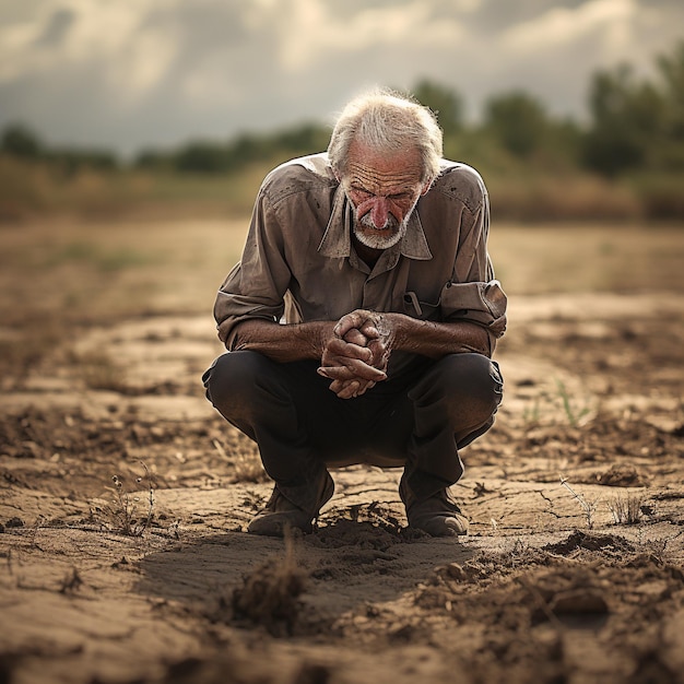 an elderly african man sat bent his knees at dry ground and hands closed on his face global warming