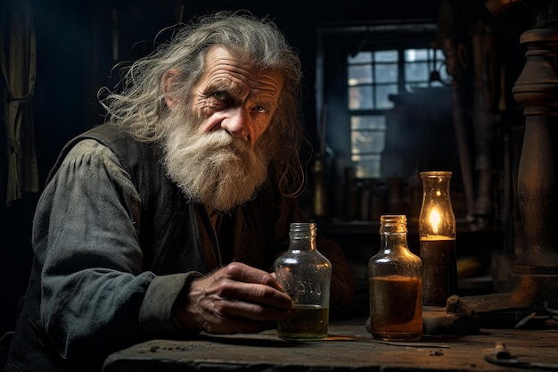 Photo elderly alchemist in his workshop