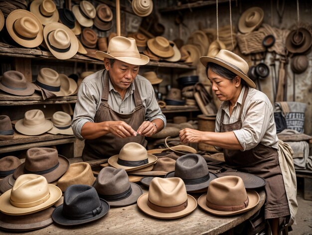 elderly artisan couple making hats