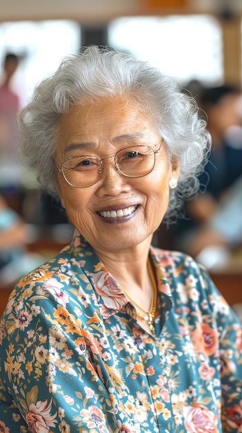 Photo elderly asian female with glasses smiling in a community center concept of senior woman aging community engagement happiness vertical