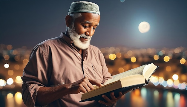 Elderly asian man reading holy book in the night