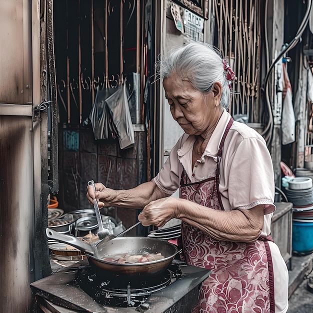 Elderly asian woman cooking in a traditional outdoor kitchen homestyle meal preparation scene AI