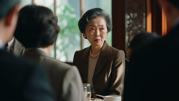 An elderly Asian woman in an elegant brown suit and pearl necklace conversing at a table