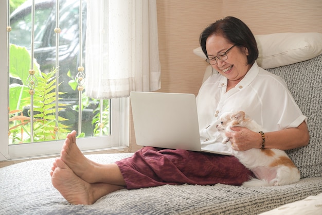 Elderly asian woman sitting on a sofa is using a laptop. She smiled happily, chihuahua dog sat on the side.