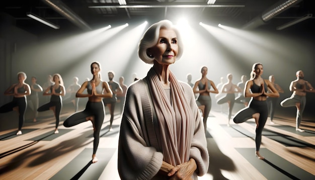 Elderly beautiful elegant elderly woman at yoga class active seniors concept