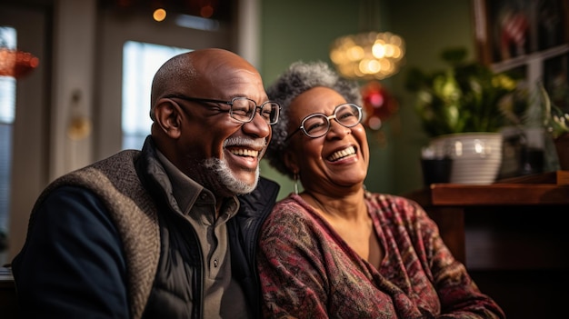 Elderly black couple sitting happily on the sofa in the living room