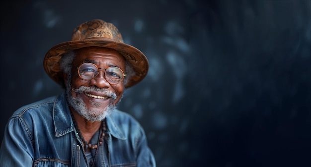 Elderly black man with a beaming smile wearing a patterned hat and glasses