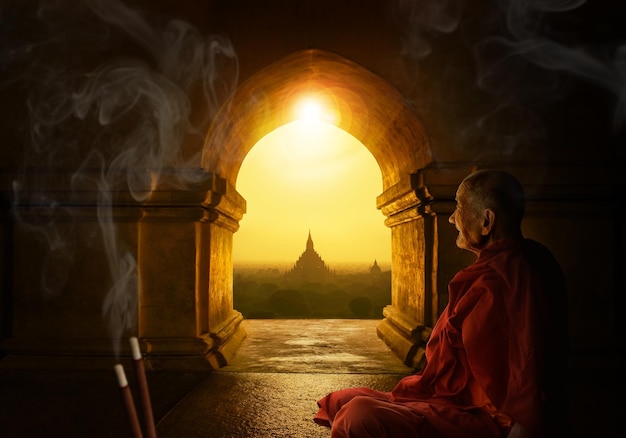 Elderly Buddhist monk in a Bagan temple in Myanmar