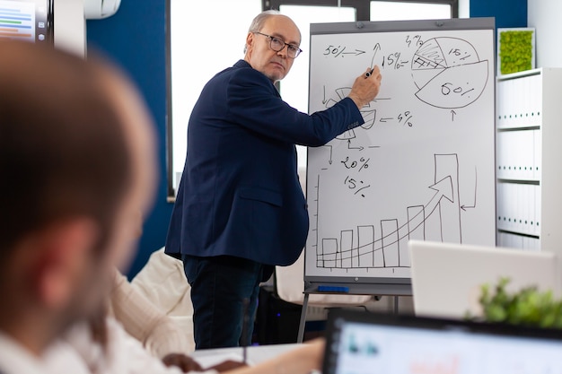 Elderly businessman giving presentation to multiethnic team