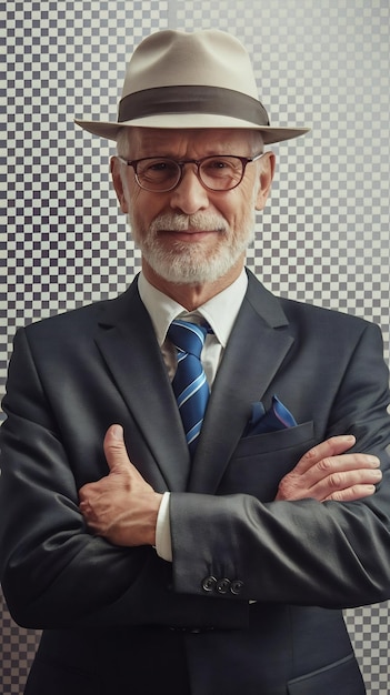 Elderly businessman wearing hat and suit with crossed hands isolated on transparent background