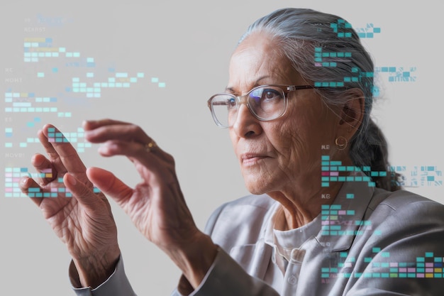 Elderly Businesswoman Engaging Data Technology Gray Background Diversity Technology Seniors