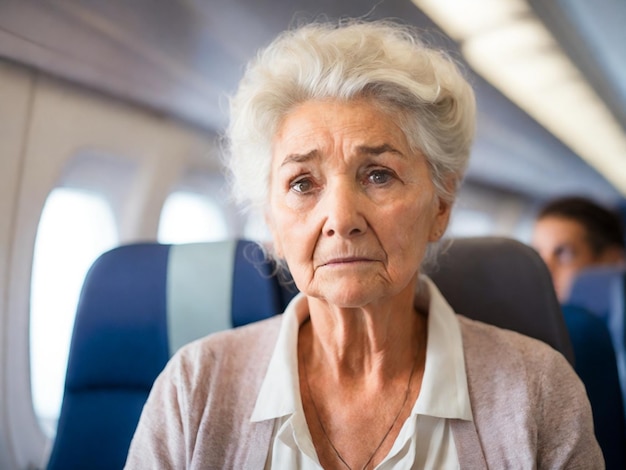 Elderly businesswoman sitting in the cabin of an airplane Generative AI